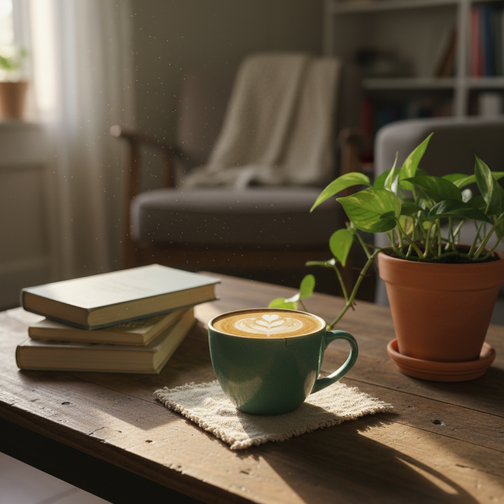 A slightly chipped, teal ceramic mug filled with creamy latte, faint latte art swirling on top, placed on a textured linen coaster atop a rustic wooden coffee table. Nearby sits a small stack of dog-eared books and a simple clay planter with a thriving green plant, suggesting a quiet break for reflection. Late afternoon golden light pours in from the side, illuminating floating dust motes and giving the coffee’s surface a gentle glow. The composition follows the rule of thirds, shot from a gently elevated angle, with a soft bokeh background of an unfussy living room. Photographic realism with a playful, lived-in feel, emphasizing genuine rest, everyday wisdom, and the comfort of small, imperfect moments.